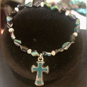 Silver Cross charm bracelet stretch glass bead jewelry gift box